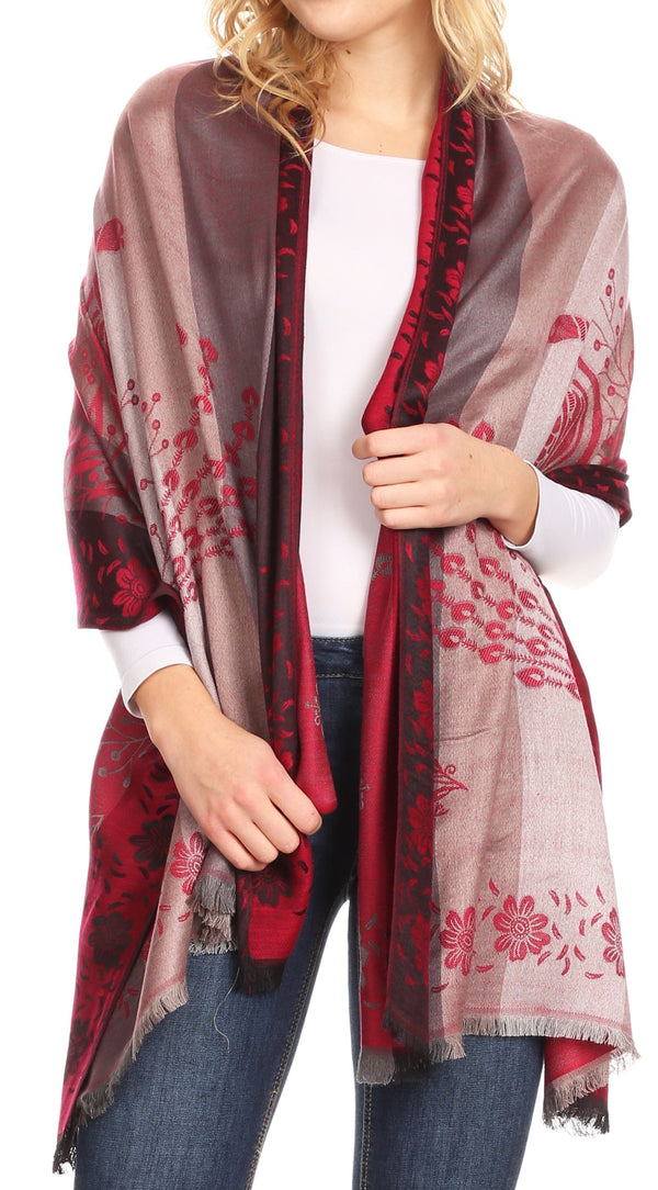 Sakkas Matilde Women's Peacock Floral Light and Soft Reversible Scarf Shawl Wrap#color_Burgundy