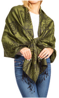 Sakkas Damari Women's Silky Soft Reversible Border Woven Pashmina Scarf Shawl Wrap#color_23-D4-Olive