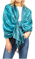Sakkas Damari Women's Silky Soft Reversible Border Woven Pashmina Scarf Shawl Wrap#color_23-D4-TurquoiseBlack
