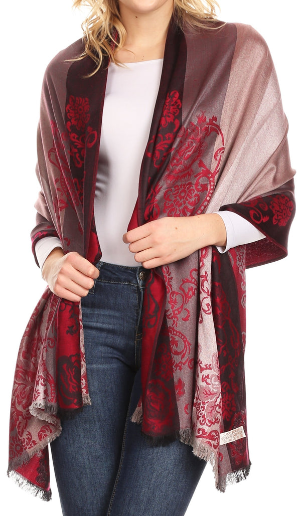 Sakkas Damari Women's Silky Soft Reversible Border Woven Pashmina Scarf Shawl Wrap#color_Burgundy