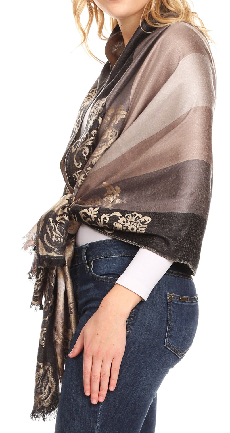 Sakkas Damari Women's Silky Soft Reversible Border Woven Pashmina Scarf Shawl Wrap