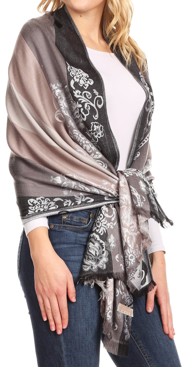 Sakkas Damari Women's Silky Soft Reversible Border Woven Pashmina Scarf Shawl Wrap