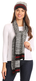 Sakkas Theo Unisex Warm Winter Heather and stripes Knit Hat & Scarf Set#color_HeatherBlack