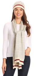 Sakkas Theo Unisex Warm Winter Heather and stripes Knit Hat & Scarf Set#color_Heathercream