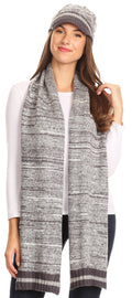 Sakkas Theo Unisex Warm Winter Heather and stripes Knit Hat & Scarf Set#color_HeatherGrey