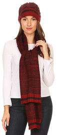 Sakkas Theo Unisex Warm Winter Heather and stripes Knit Hat & Scarf Set#color_Heatherred