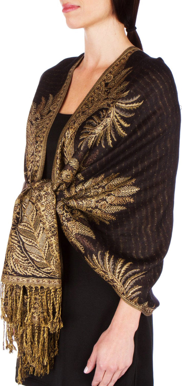 Sakkas 70" x 28" Big Paisley Jacquard Layered Woven Pashmina Shawl / Wrap Stole#color_Black