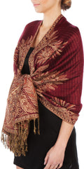 Sakkas 70" x 28" Big Paisley Jacquard Layered Woven Pashmina Shawl / Wrap Stole#color_Burgundy