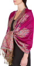 Sakkas 70" x 28" Big Paisley Jacquard Layered Woven Pashmina Shawl / Wrap Stole#color_Fuchsia