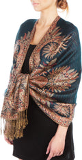 Sakkas 70" x 28" Big Paisley Jacquard Layered Woven Pashmina Shawl / Wrap Stole#color_Teal