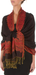 Sakkas 70" x 28" Border Pattern Layered Woven Pashmina Shawl Scarf Wrap Stole#color_BlackRed