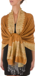 Sakkas 70" x 28" Border Pattern Layered Woven Pashmina Shawl Scarf Wrap Stole#color_DarkGoldenrod