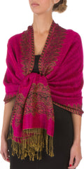 Sakkas 70" x 28" Border Pattern Layered Woven Pashmina Shawl Scarf Wrap Stole#color_Fuchsia