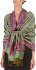 Sakkas 70" x 28" Border Pattern Layered Woven Pashmina Shawl Scarf Wrap Stole#color_GreenPurple