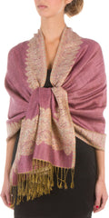 Sakkas 70" x 28" Border Pattern Layered Woven Pashmina Shawl Scarf Wrap Stole#color_Mauve