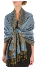 Sakkas 70" x 28" Border Pattern Layered Woven Pashmina Shawl Scarf Wrap Stole#color_SteelBlue