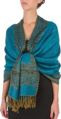 Sakkas 70" x 28" Border Pattern Layered Woven Pashmina Shawl Scarf Wrap Stole#color_Turquoise