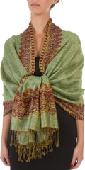 Sakkas 70" x 28" Border Pattern Layered Woven Pashmina Shawl Scarf Wrap Stole#color_AppleGreen