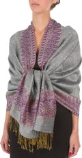 Sakkas 70" x 28" Border Pattern Layered Woven Pashmina Shawl Scarf Wrap Stole#color_Black/Ivory