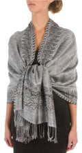 Sakkas 70" x 28" Border Pattern Layered Woven Pashmina Shawl Scarf Wrap Stole#color_BlackWhite