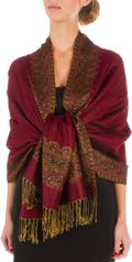 Sakkas 70" x 28" Border Pattern Layered Woven Pashmina Shawl Scarf Wrap Stole#color_Burgundy