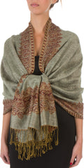 Sakkas 70" x 28" Border Pattern Layered Woven Pashmina Shawl Scarf Wrap Stole#color_CeladonGreen