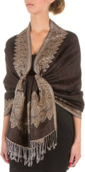 Sakkas 70" x 28" Border Pattern Layered Woven Pashmina Shawl Scarf Wrap Stole#color_DarkChocolate