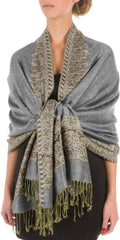 Sakkas 70" x 28" Border Pattern Layered Woven Pashmina Shawl Scarf Wrap Stole#color_Grey