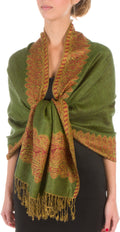 Sakkas 70" x 28" Border Pattern Layered Woven Pashmina Shawl Scarf Wrap Stole#color_OliveGreen