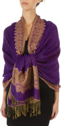 Sakkas 70" x 28" Border Pattern Layered Woven Pashmina Shawl Scarf Wrap Stole#color_Purple