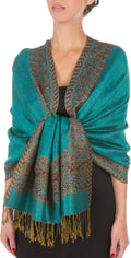 Sakkas 70" x 28" Border Pattern Layered Woven Pashmina Shawl Scarf Wrap Stole#color_SeaGreen