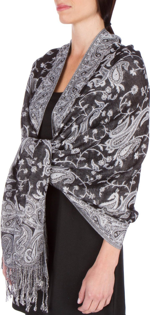 Sakkas Double Layer Jacquard Paisley Pashmina Shawl / Wrap / Stole#color_Black/White