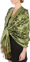 Sakkas Double Layer Jacquard Paisley Pashmina Shawl / Wrap / Stole#color_DarkOliveGreen/Champagne