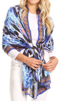 Sakkas Tuma Colorful Printed Lightweight Gauzy Scarf Shawl#color_17250-Blue/Black-honeycomb