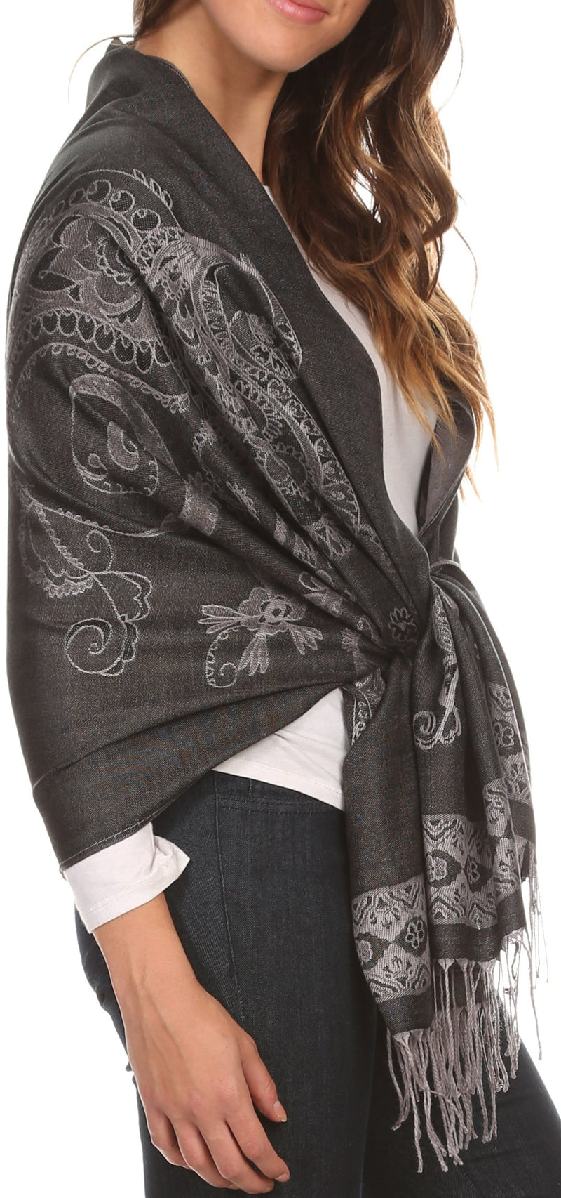 Sakkas Seily Long Extra Wide Fringe Paisley Patterned Pashmina Shawl / Scarf