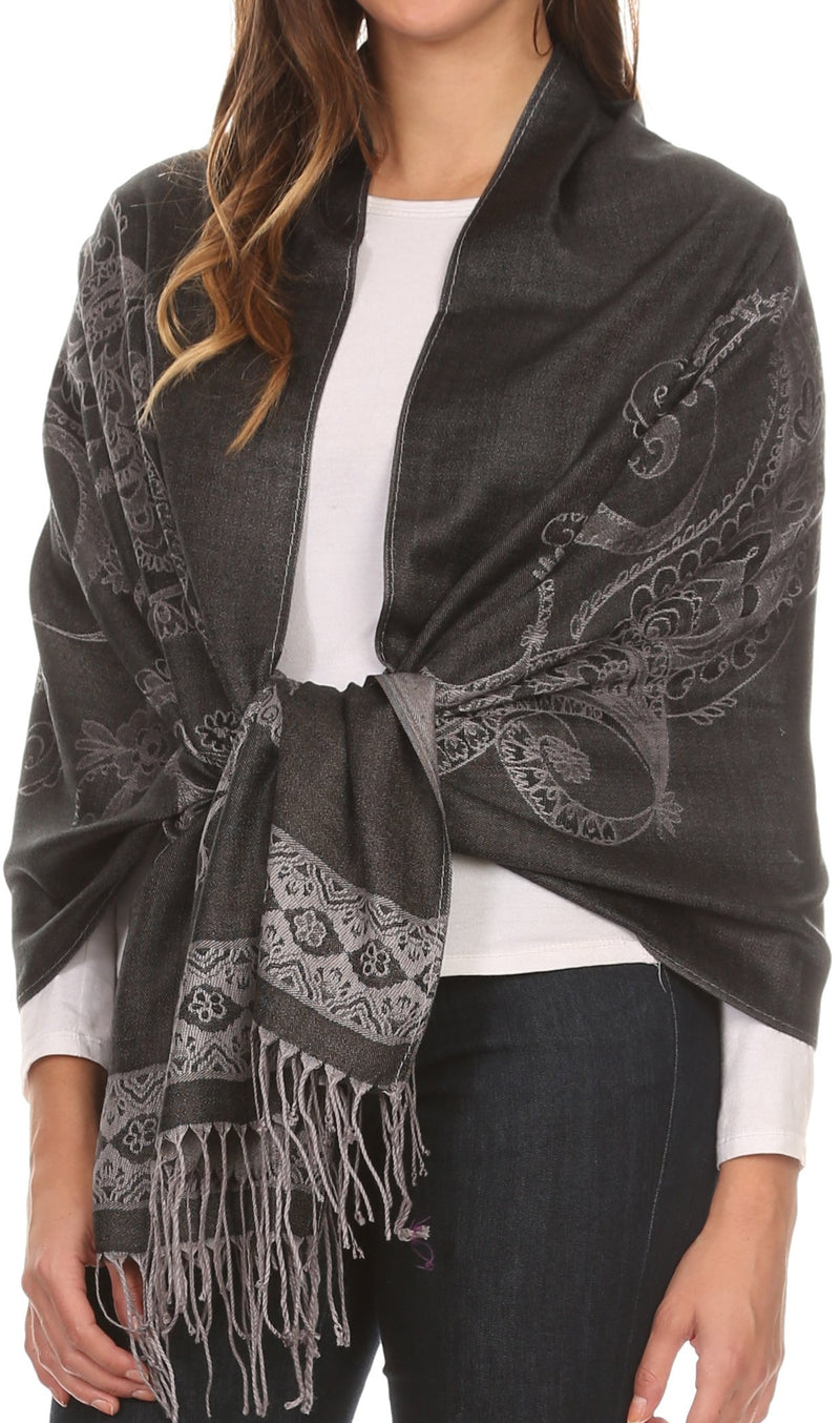 Sakkas Seily Long Extra Wide Fringe Paisley Patterned Pashmina Shawl / Scarf