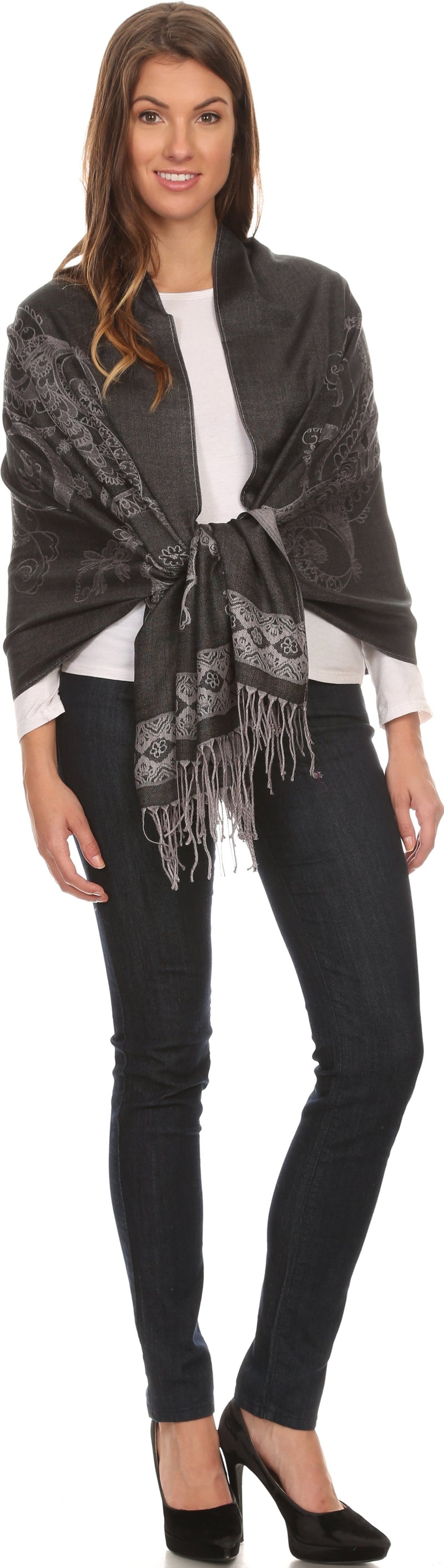 Sakkas Seily Long Extra Wide Fringe Paisley Patterned Pashmina Shawl / Scarf