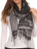 Sakkas Seily Long Extra Wide Fringe Paisley Patterned Pashmina Shawl / Scarf#color_Black / Grey