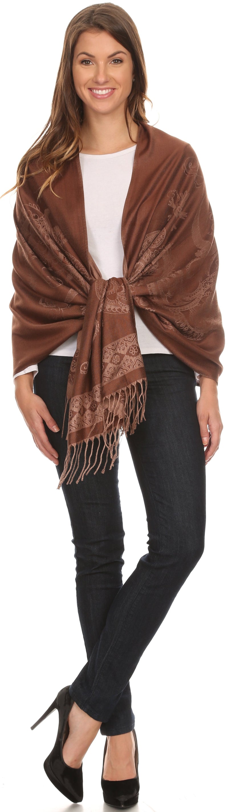 Sakkas Seily Long Extra Wide Fringe Paisley Patterned Pashmina Shawl / Scarf