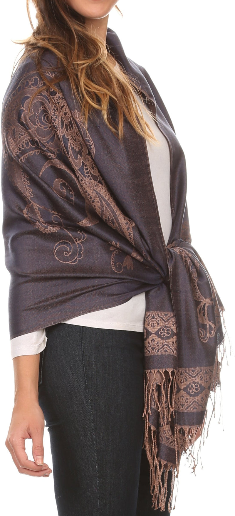 Sakkas Seily Long Extra Wide Fringe Paisley Patterned Pashmina Shawl / Scarf
