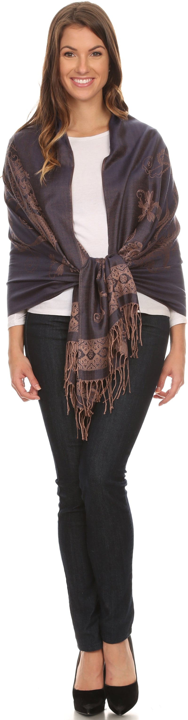 Sakkas Seily Long Extra Wide Fringe Paisley Patterned Pashmina Shawl / Scarf