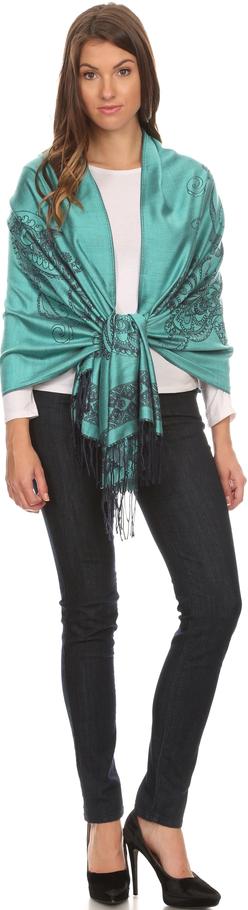Sakkas Seily Long Extra Wide Fringe Paisley Patterned Pashmina Shawl / Scarf