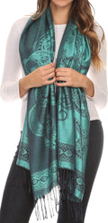 Sakkas Seily Long Extra Wide Fringe Paisley Patterned Pashmina Shawl / Scarf#color_Turq / Black
