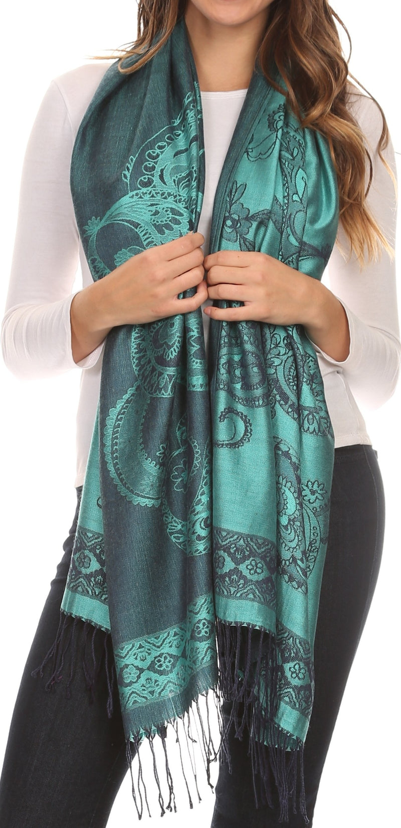 Sakkas Seily Long Extra Wide Fringe Paisley Patterned Pashmina Shawl / Scarf