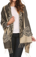 Sakkas Maela Long Extra Wide Traditional Patterned Fringe Pashmina Shawl / Scarve#color_Black/Golden