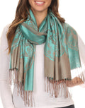Sakkas Maela Long Extra Wide Traditional Patterned Fringe Pashmina Shawl / Scarve#color_Turquoise/Grey