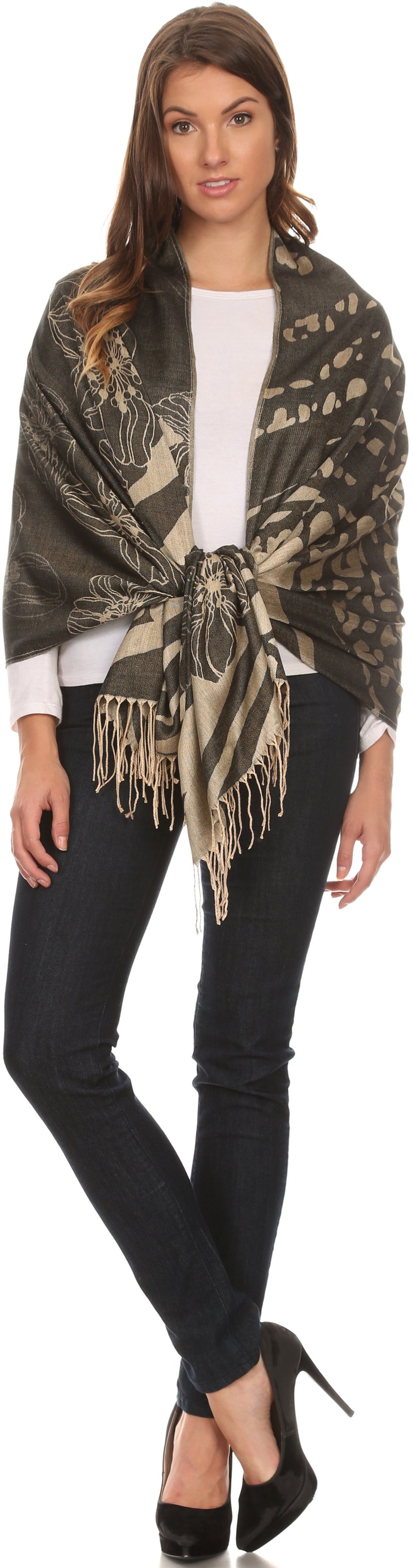 Sakkas Reiley Long Wide Floral Printed Patterened Fringe Pashmina Shawl / Scarf