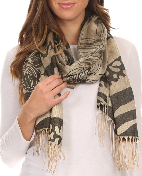 Sakkas Reiley Long Wide Floral Printed Patterened Fringe Pashmina Shawl / Scarf#color_Black/Khaki