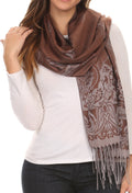 Sakkas Reiley Long Wide Floral Printed Patterened Fringe Pashmina Shawl / Scarf#color_Navy/Brown