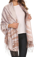 Sakkas Reiley Long Wide Floral Printed Patterened Fringe Pashmina Shawl / Scarf#color_Silver/Brown